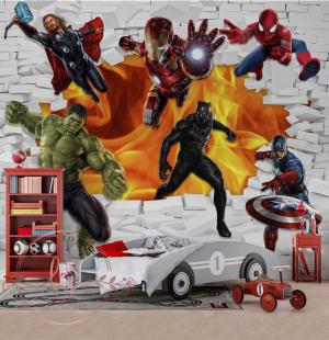 PAPEL DE PAREDE -    3d Quarto Infantil Explosão Vingadores Vinil 0,10 Alto Adesivo Sob Medida  Fosco Liso Dividimos Rolo de 40 a 60 cm 