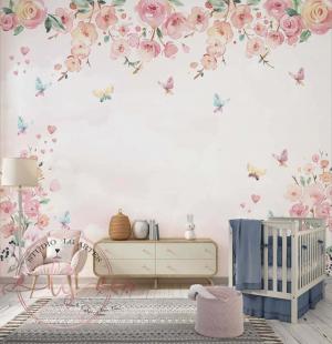 PAPEL DE PAREDE -    Foto Mural Floral Com Borboletas Coloridas Voando Vinil 0,10 Alto Adesivo Sob Medida  Fosco Liso Dividimos Rolo de 40 a 60 cm 