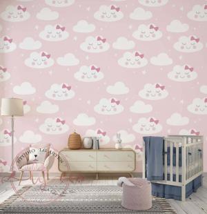 PAPEL DE PAREDE -    Quarto Menina Bebê Nuvem Rosa Laço Fofo Vinil 0,10 Alto Adesivo Sob Medida  Fosco Liso Dividimos Rolo de 40 a 60 cm 