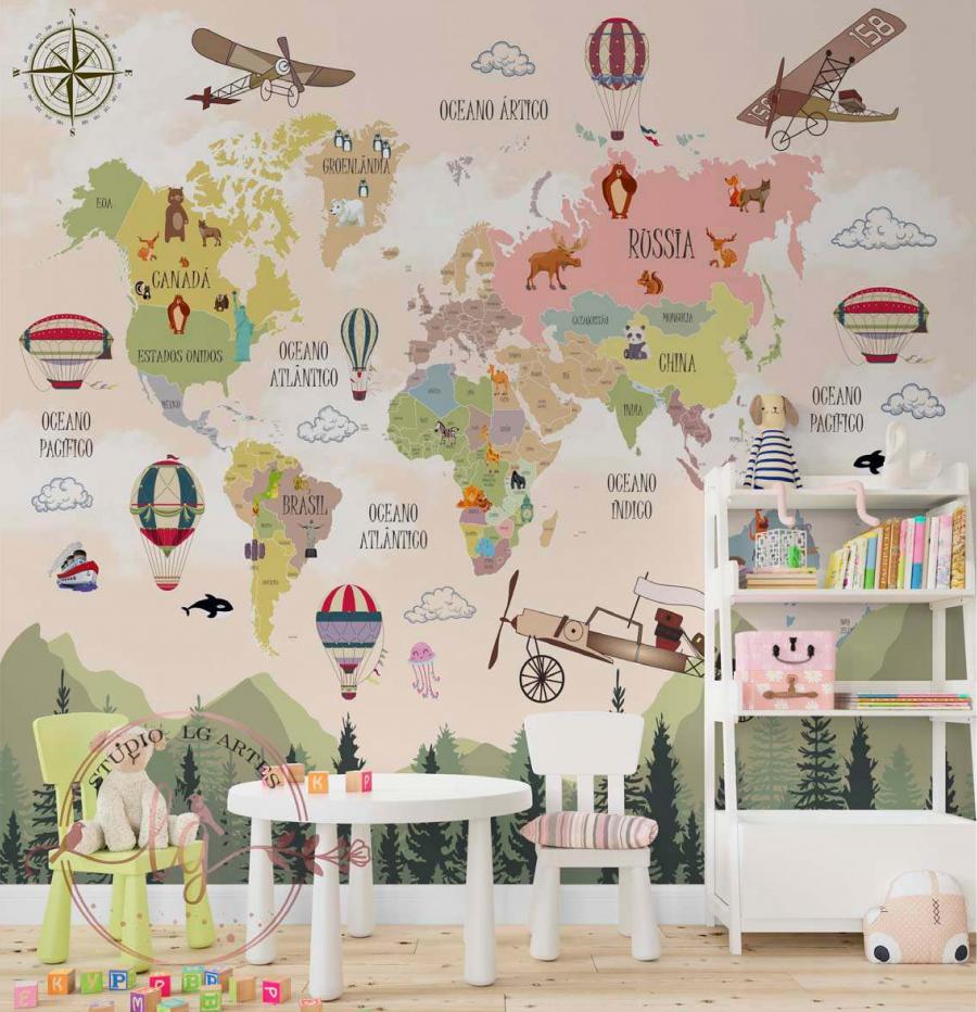 PAPEL DE PAREDE - Foto Mural Infantil Mapa Sob Medida Vinil 0,10 Alto  Adesivo Fosco Liso Dividimos Rolo de 40 a 60 cm - Image Decor